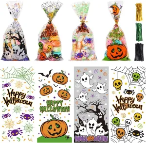 STEFORD Halloween Cellophane Bags,200PCS Clear Candy Cookie Treat Bags with 400 Piece Twist Ties for Halloween Party Favor Supplies