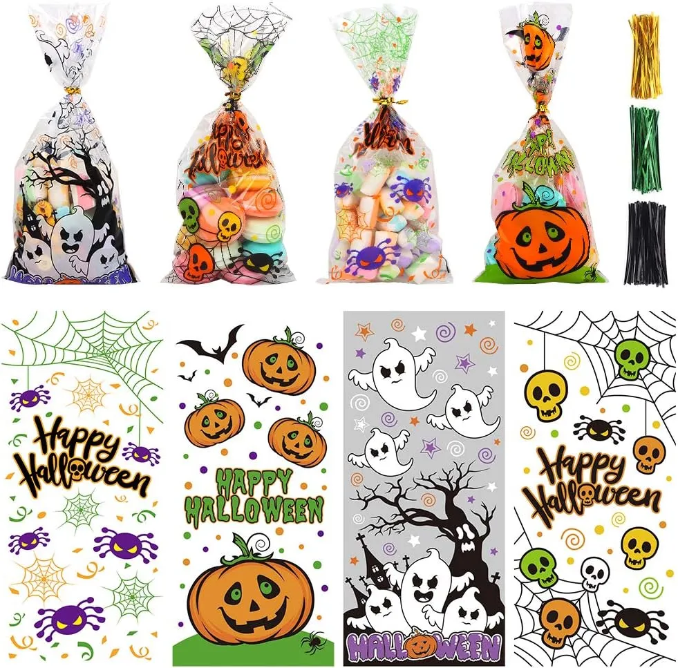 STEFORD Halloween Cellophane Bags,200PCS Clear Candy Cookie Treat Bags with 400 Piece Twist Ties for Halloween Party Favor Supplies