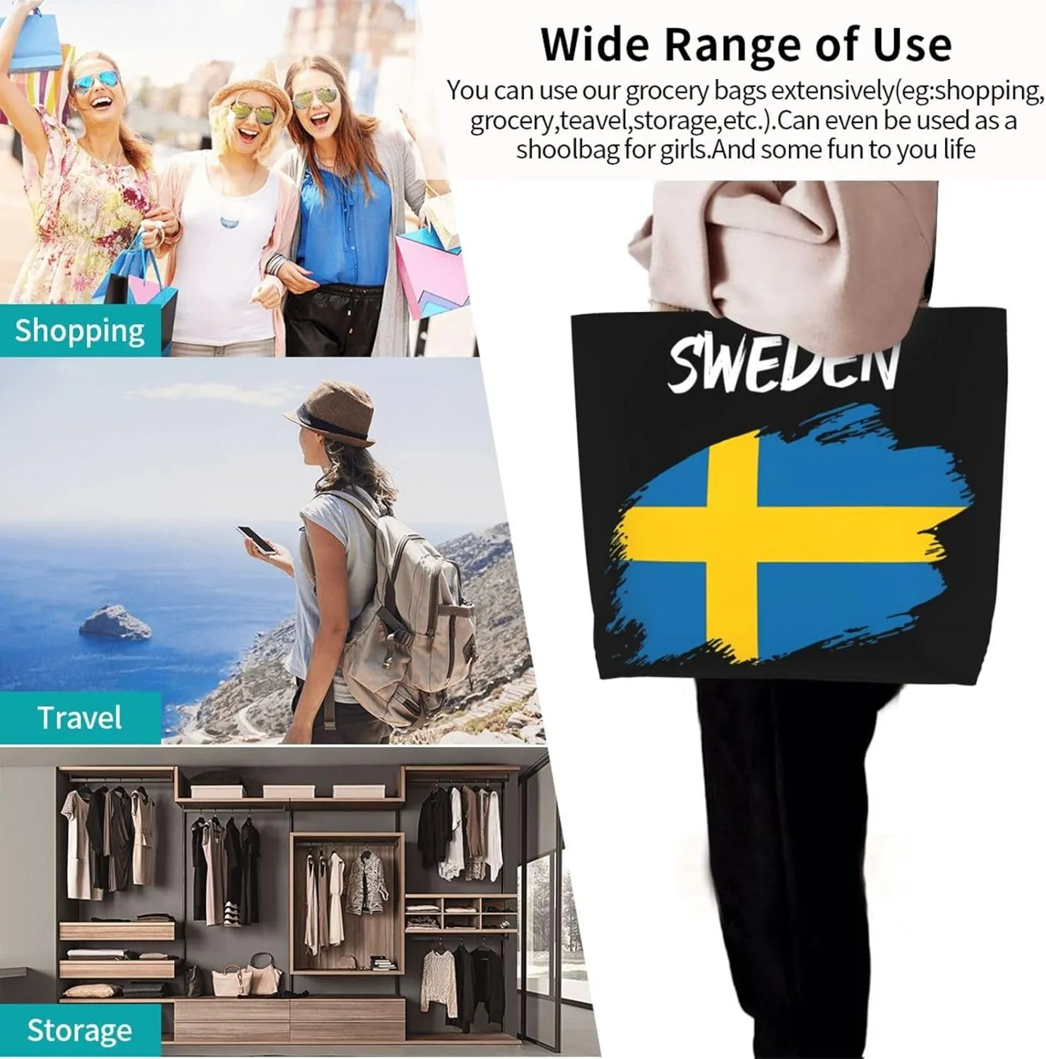 Swedish Sweden Flag Women's Tote Bag Large Capacity Single Shoulder Bags Handbag for Shopping Work