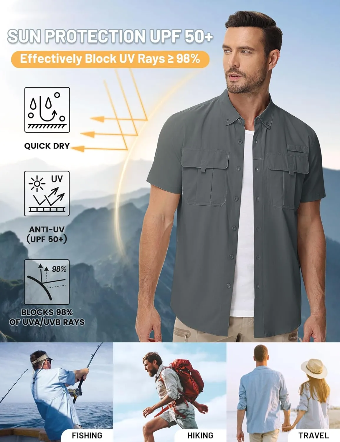 TACVASEN Mens Short Sleeve Sun Protection Shirt UPF 50  Quick Dry Fishing Cooling UV Shirts Outdoor Tactical Hiking Shirts