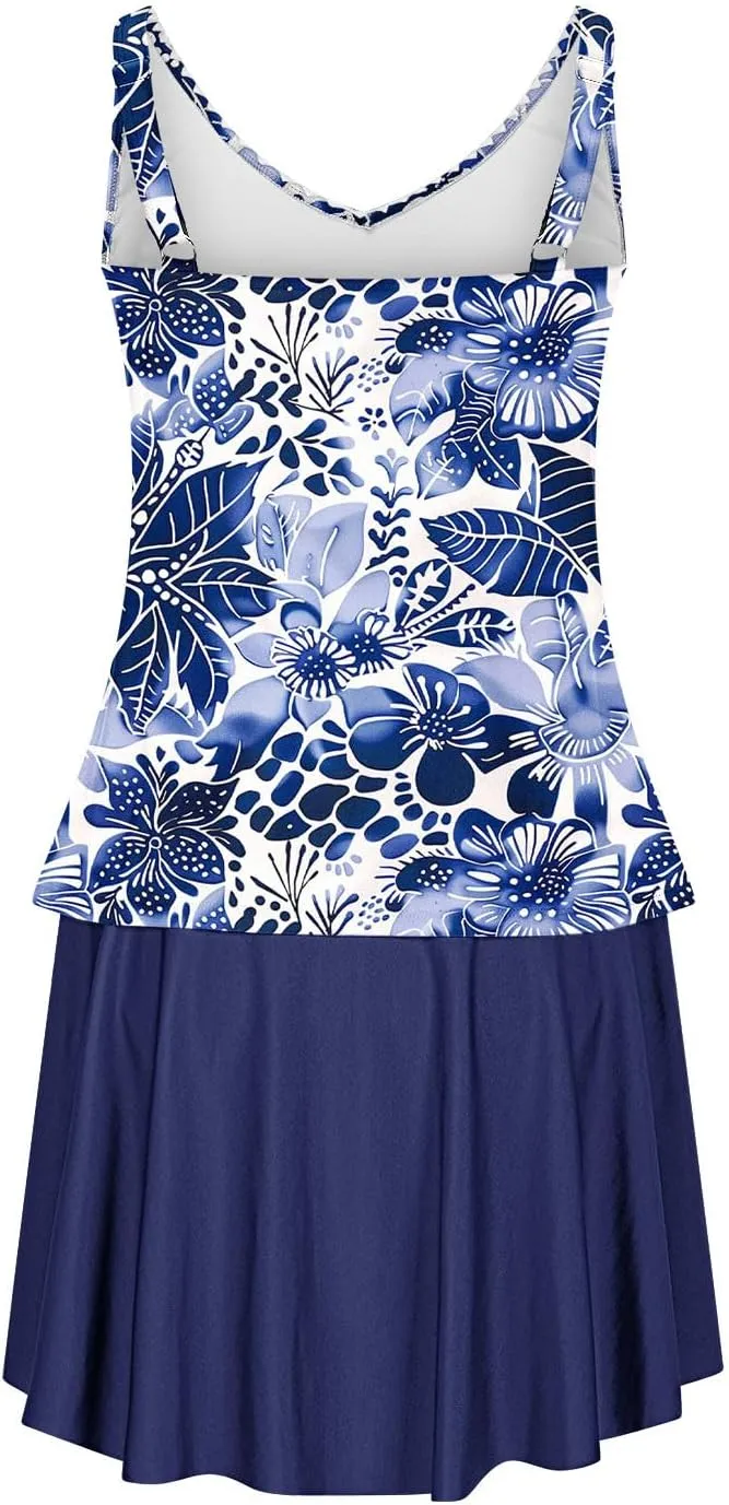 Tankini Swimsuits for Women Tummy Control Blouson Swim Top with Skirt Two Piece Bathing Suits Modest Swimwear