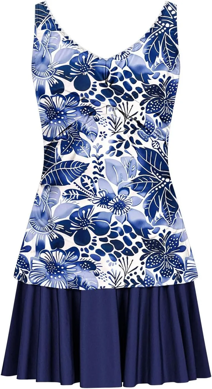Tankini Swimsuits for Women Tummy Control Blouson Swim Top with Skirt Two Piece Bathing Suits Modest Swimwear
