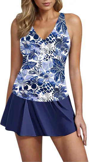 Tankini Swimsuits for Women Tummy Control Blouson Swim Top with Skirt Two Piece Bathing Suits Modest Swimwear