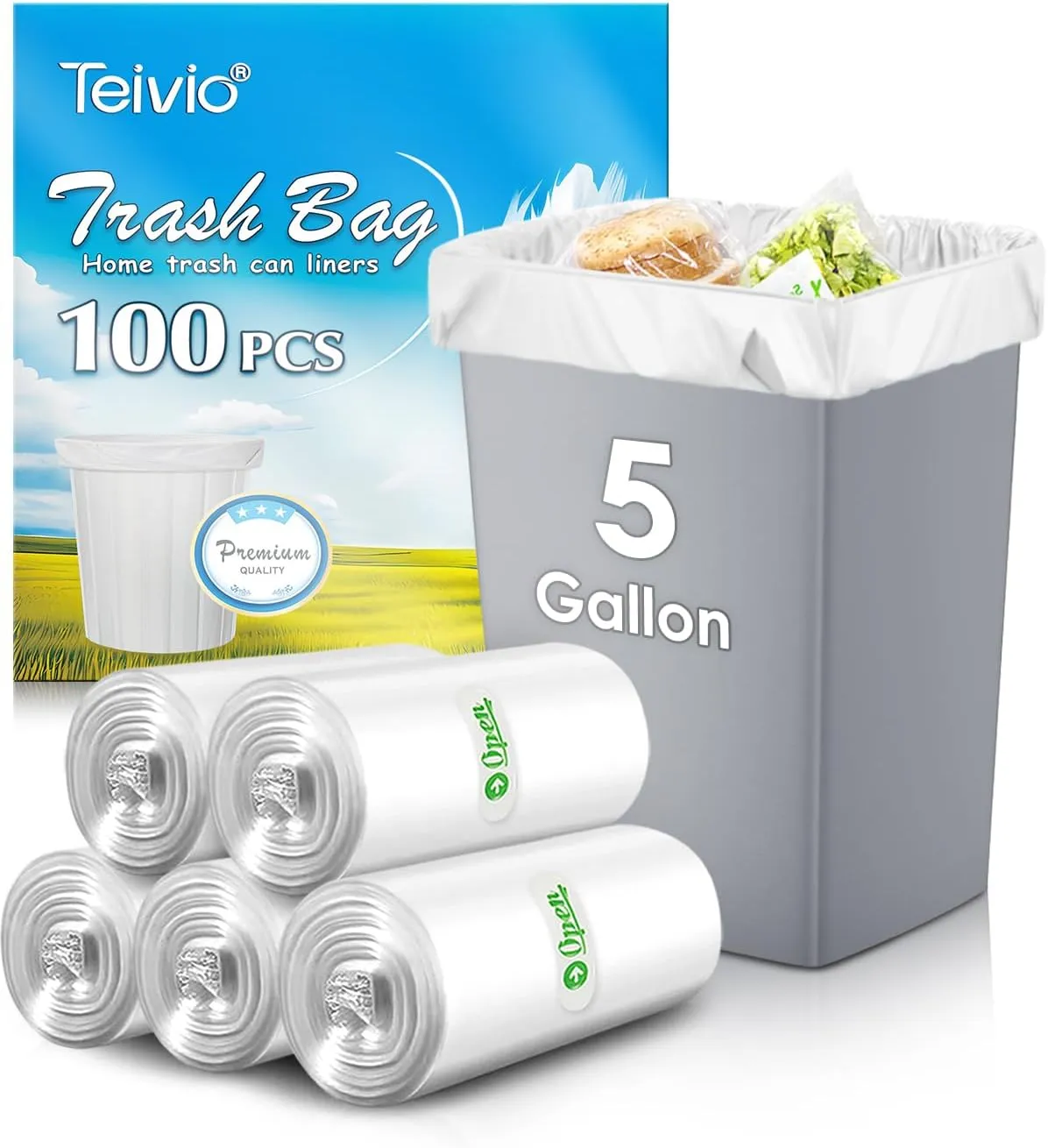 Teivio 5 Gallon 100 Counts Strong Trash Bags Garbage Bags, Bathroom Trash Can Bin Liners, Small Plastic Bags for Home Office Kitchen Kitchen, Clear