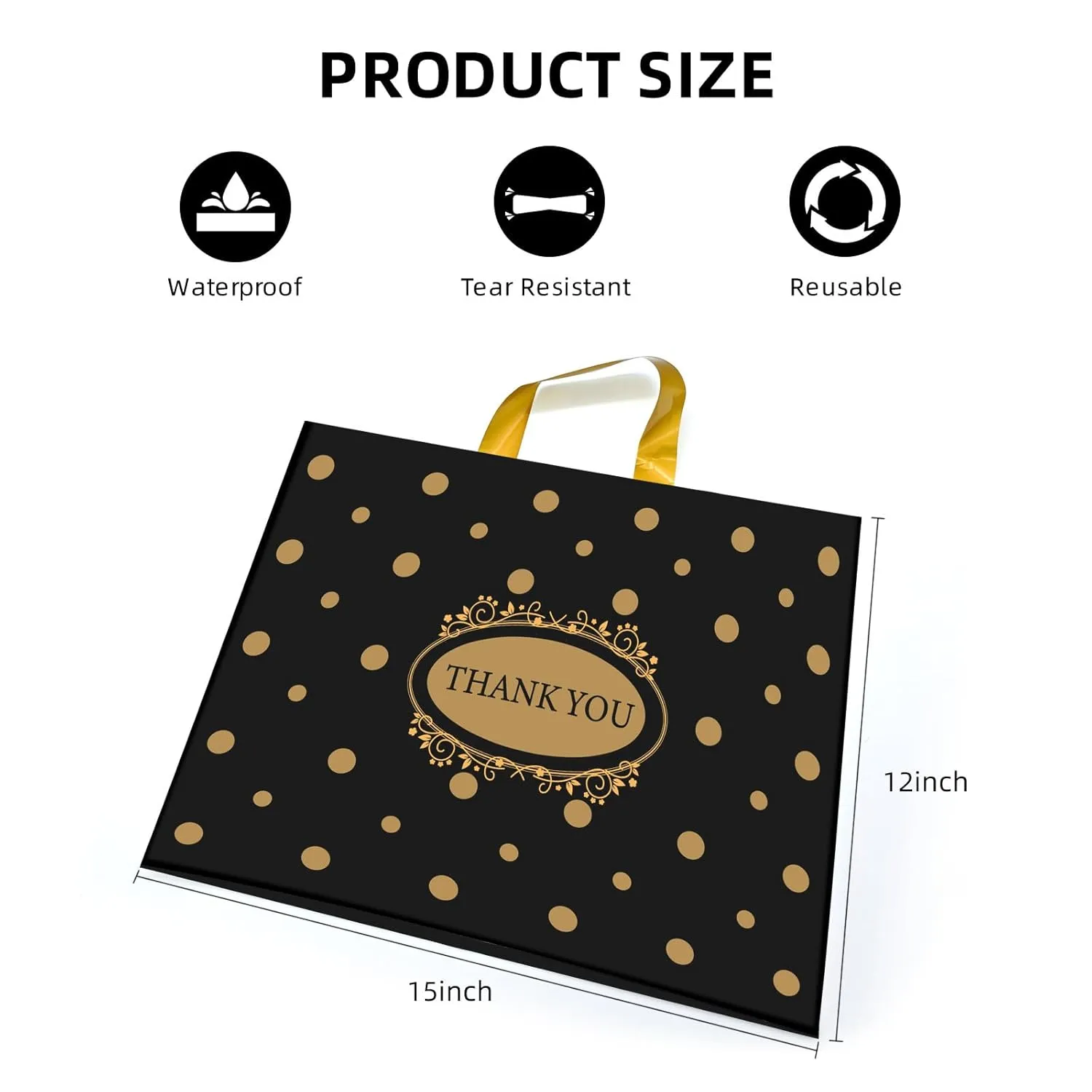 Thank You Bags for Small Business, 100 Pack Plastic Shopping Boutique Bags Retail Merchandise Bags Bulk with Handles 12"x15", Reusable Product Bags 3.1Mil for Customers, Party Favor (Black & White)