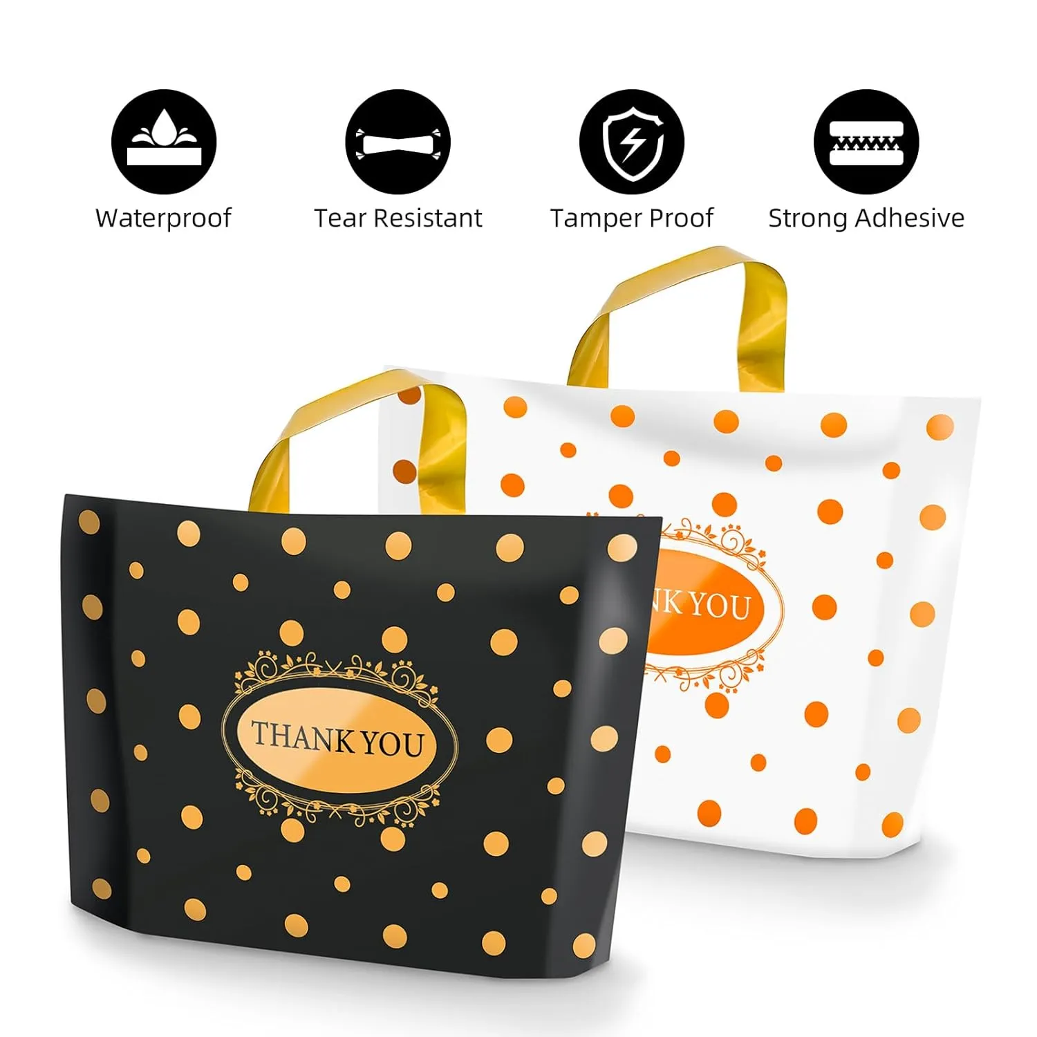 Thank You Bags for Small Business, 100 Pack Plastic Shopping Boutique Bags Retail Merchandise Bags Bulk with Handles 12"x15", Reusable Product Bags 3.1Mil for Customers, Party Favor (Black & White)