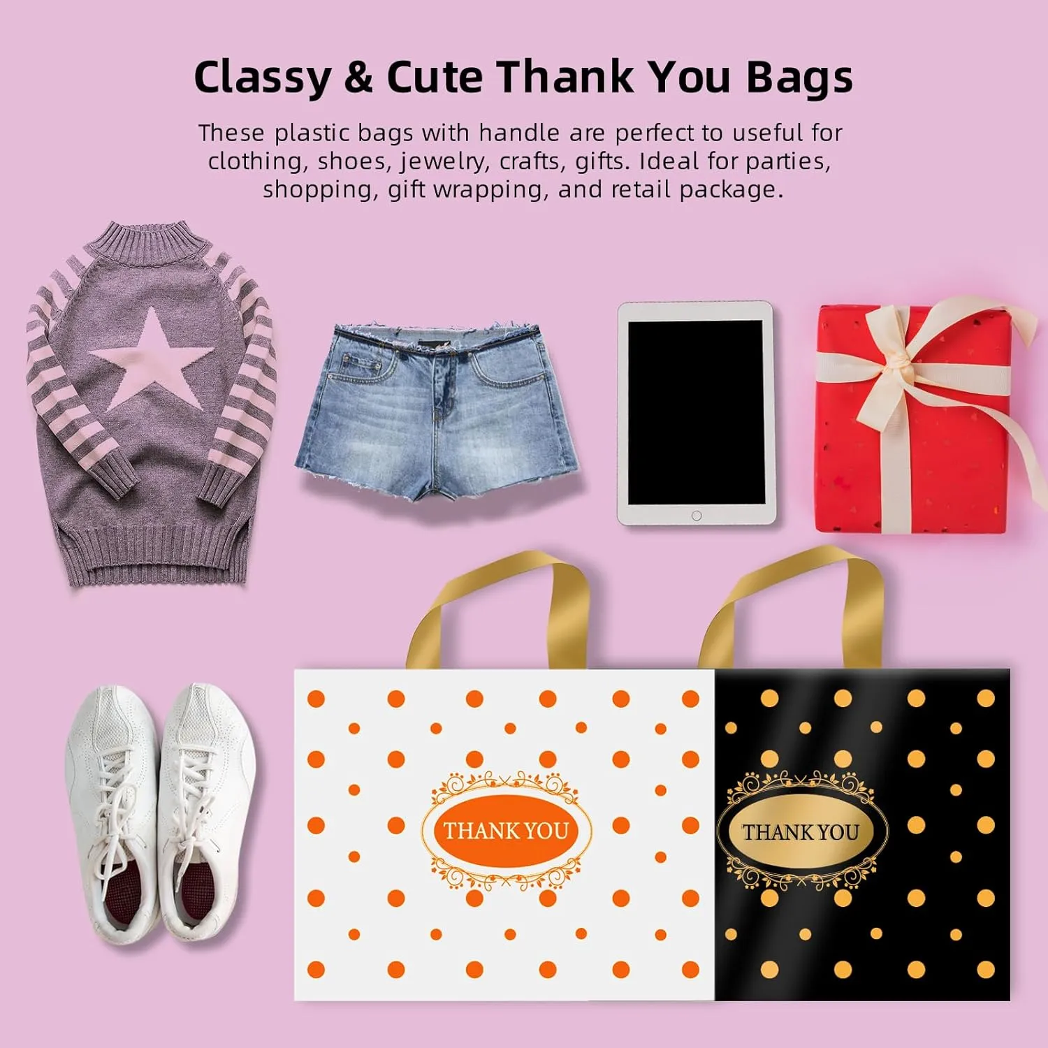 Thank You Bags for Small Business, 100 Pack Plastic Shopping Boutique Bags Retail Merchandise Bags Bulk with Handles 12"x15", Reusable Product Bags 3.1Mil for Customers, Party Favor (Black & White)