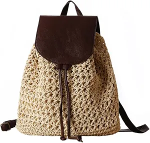 TONWHAR Paper String Woven Purse Straw Backpack for Beach (Brown), Beige