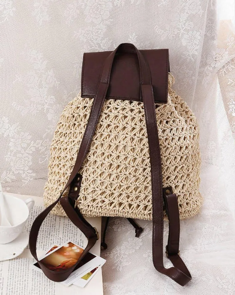 TONWHAR Paper String Woven Purse Straw Backpack for Beach (Brown), Beige
