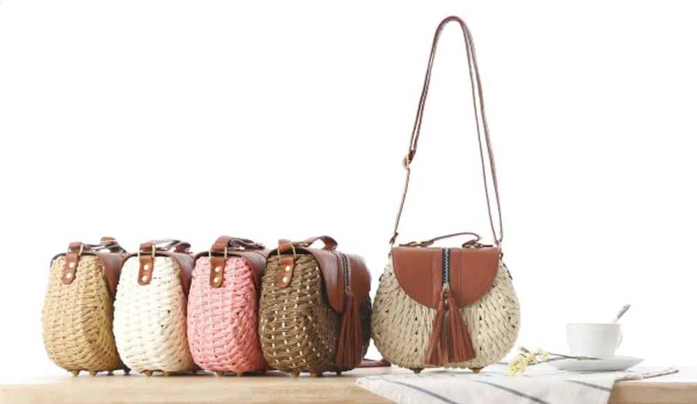 TONWHAR Retro Beach Bag with Tassels Hand-woven Straw Purse (Light Brown)