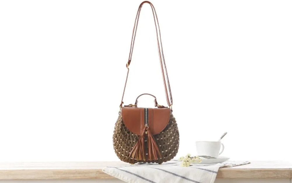 TONWHAR Retro Beach Bag with Tassels Hand-woven Straw Purse (Light Brown)
