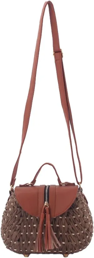 TONWHAR Retro Beach Bag with Tassels Hand-woven Straw Purse (Light Brown)