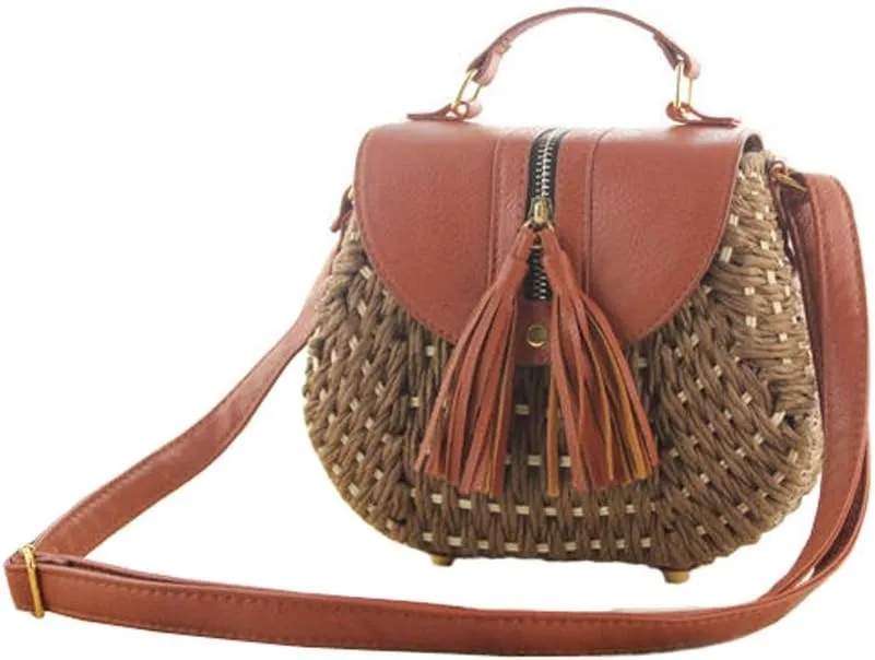 TONWHAR Retro Beach Bag with Tassels Hand-woven Straw Purse (Light Brown)