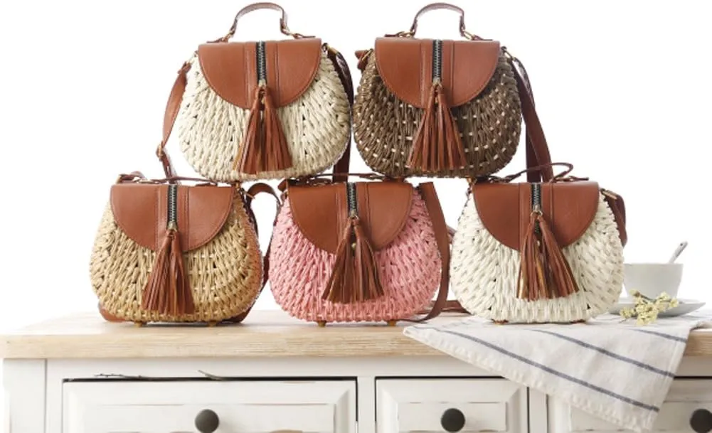 TONWHAR Retro Beach Bag with Tassels Hand-woven Straw Purse (Light Brown)
