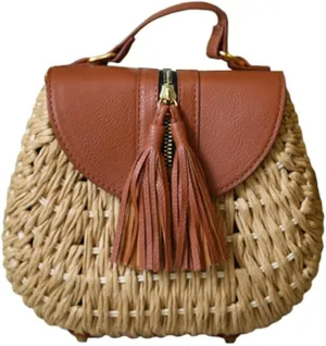 TONWHAR Retro Beach Bag with Tassels Hand-woven Straw Purse (Light Brown)