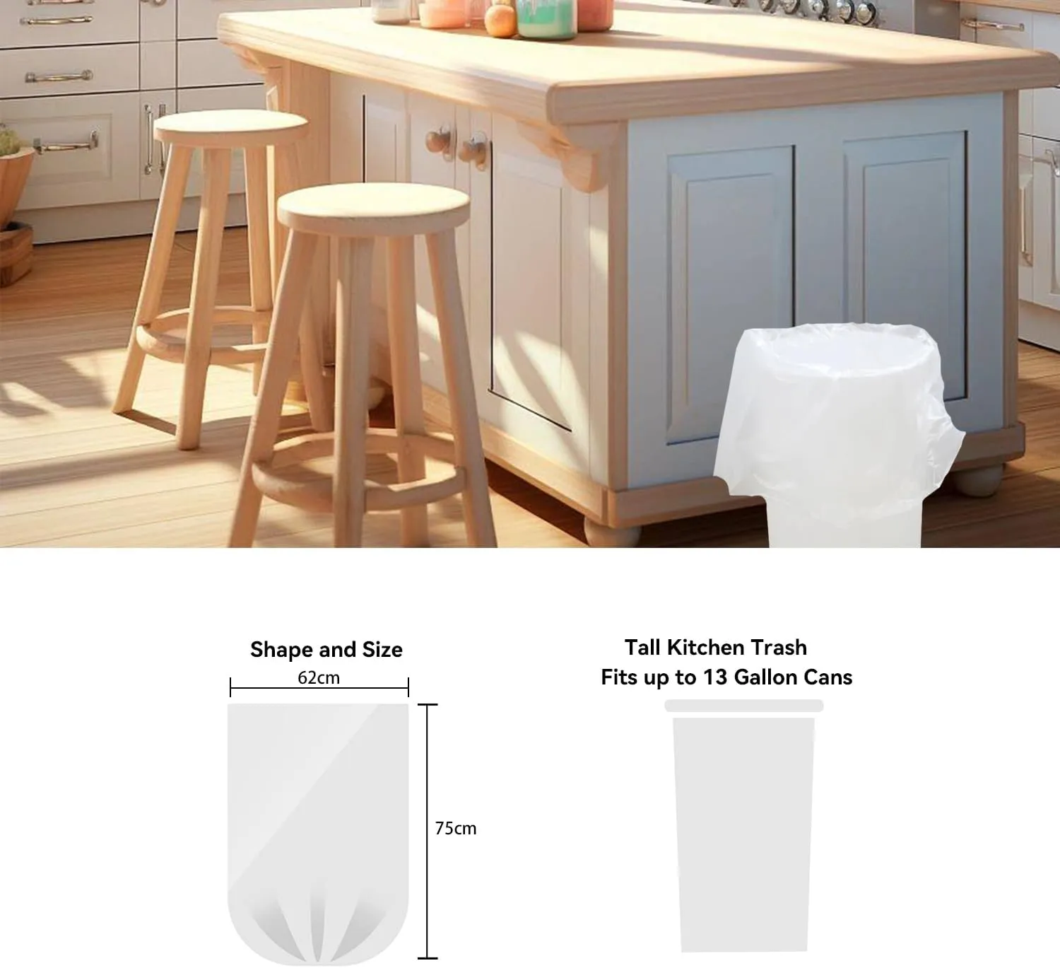 Trash Bags 13 Gallon, 20 Count, Medium Garbage Bags, No Flaps/Ties, 62x75cm,16.8g/pcs, Unscented, White