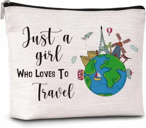 Travel Gifts Makeup Bag For Woman, Just A Woman Who Loves Travels Cosmetic Bag, Travel Lover Gift Bag, Travel Makeup Zipper Bag, Birthday Gifts For Family Friends Sister BFF, A31