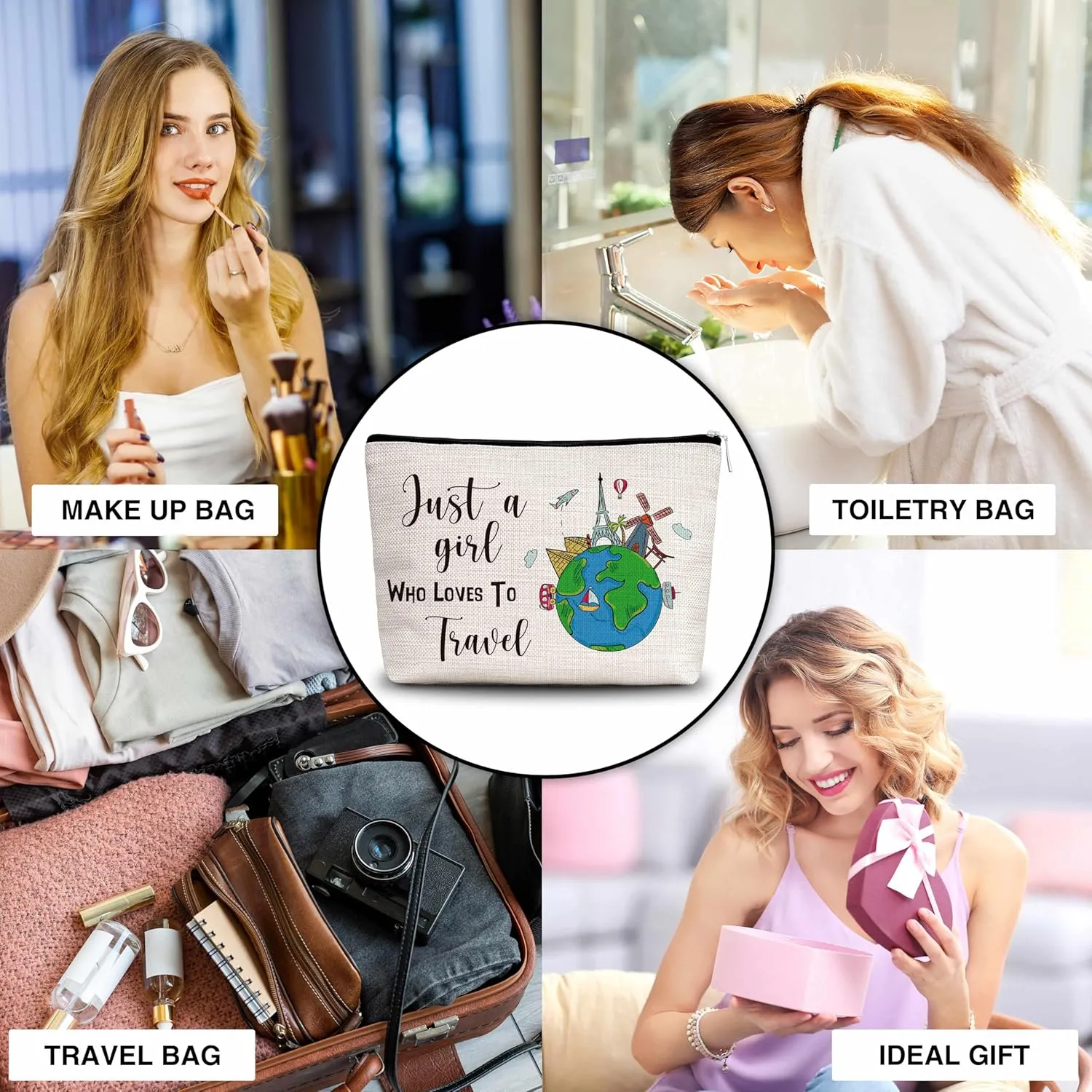 Travel Gifts Makeup Bag For Woman, Just A Woman Who Loves Travels Cosmetic Bag, Travel Lover Gift Bag, Travel Makeup Zipper Bag, Birthday Gifts For Family Friends Sister BFF, A31