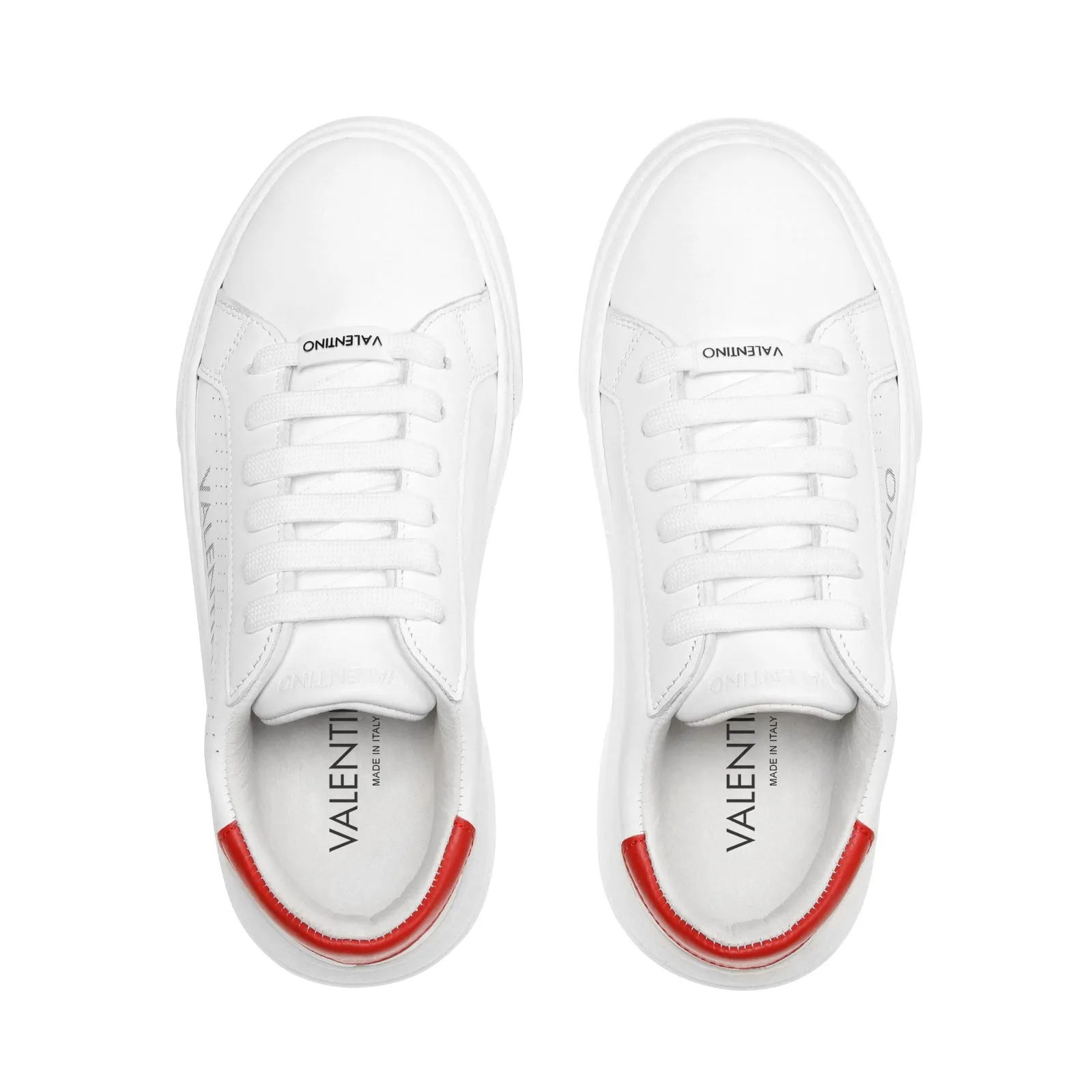VALENTINO Lace Up Sneaker in white leather and red inlay