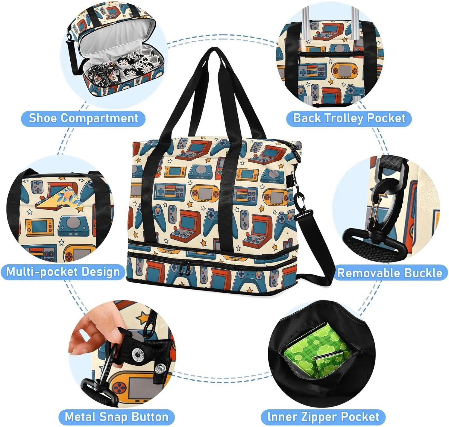 Vintage Retro Video Game under Seat Bag Expandable Weekend Travel Bag with Shoes Compartment