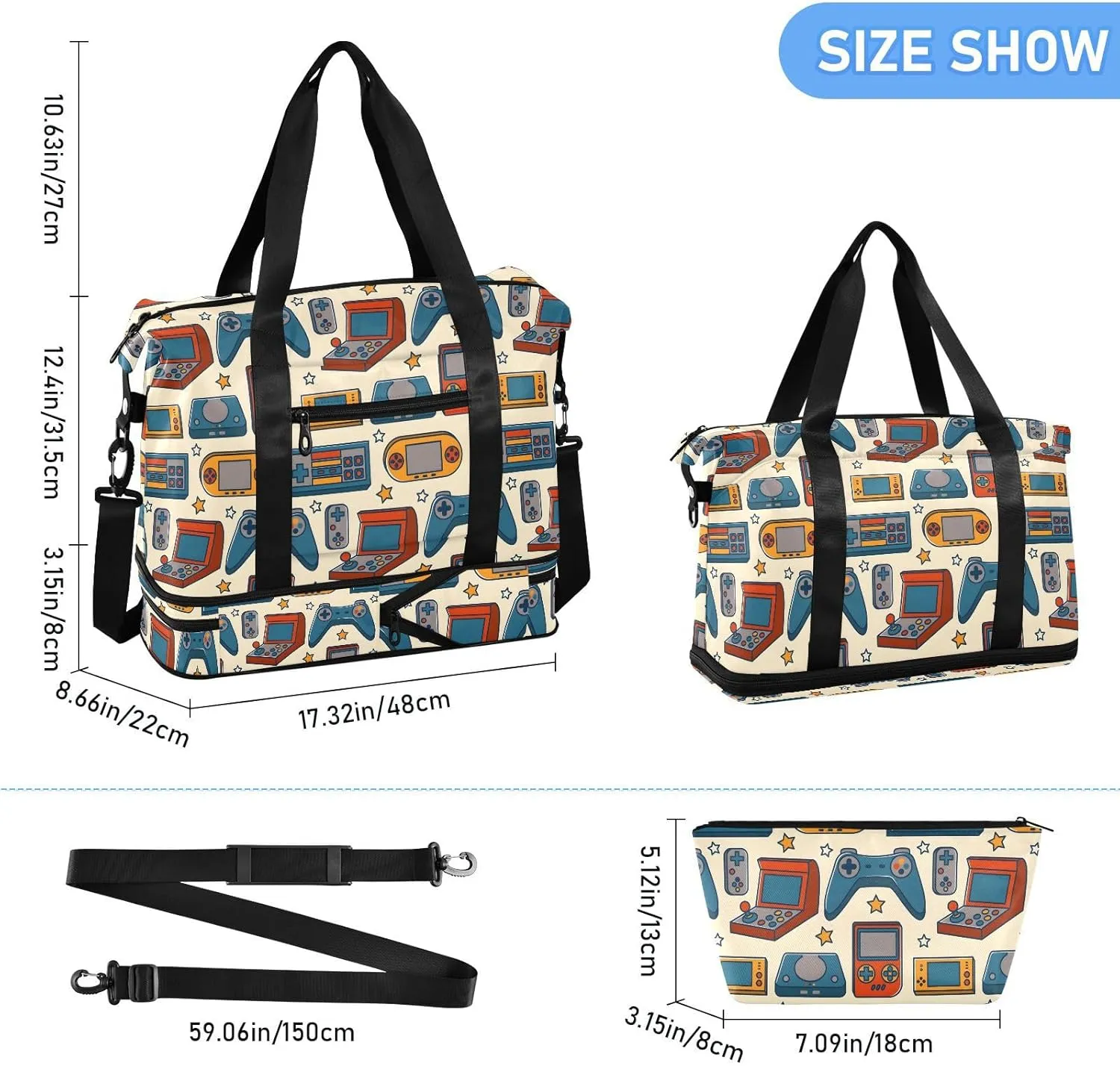 Vintage Retro Video Game under Seat Bag Expandable Weekend Travel Bag with Shoes Compartment