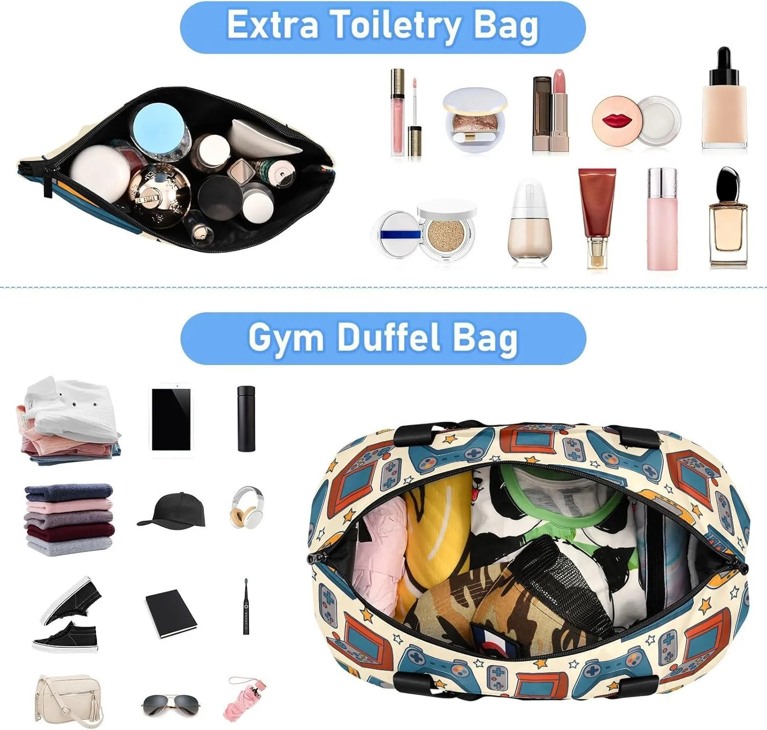 Vintage Retro Video Game under Seat Bag Expandable Weekend Travel Bag with Shoes Compartment