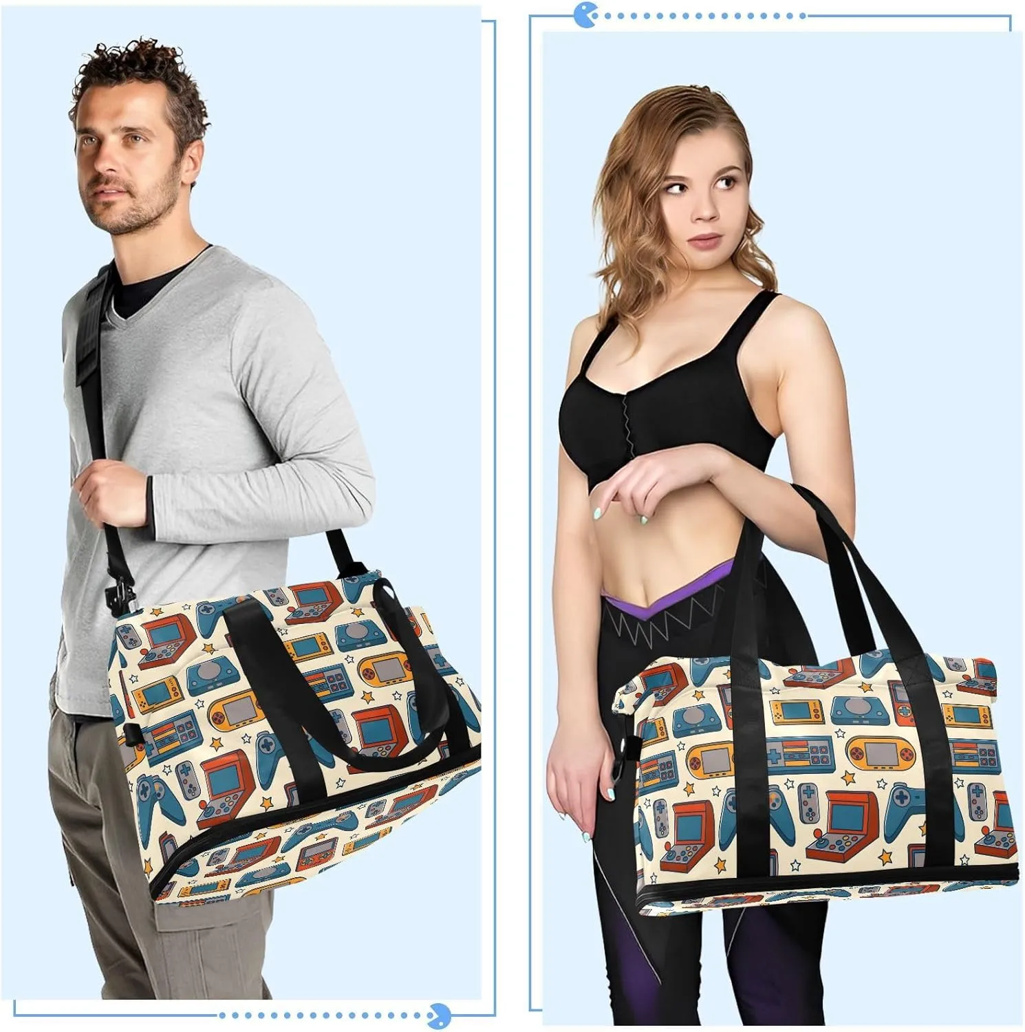 Vintage Retro Video Game under Seat Bag Expandable Weekend Travel Bag with Shoes Compartment