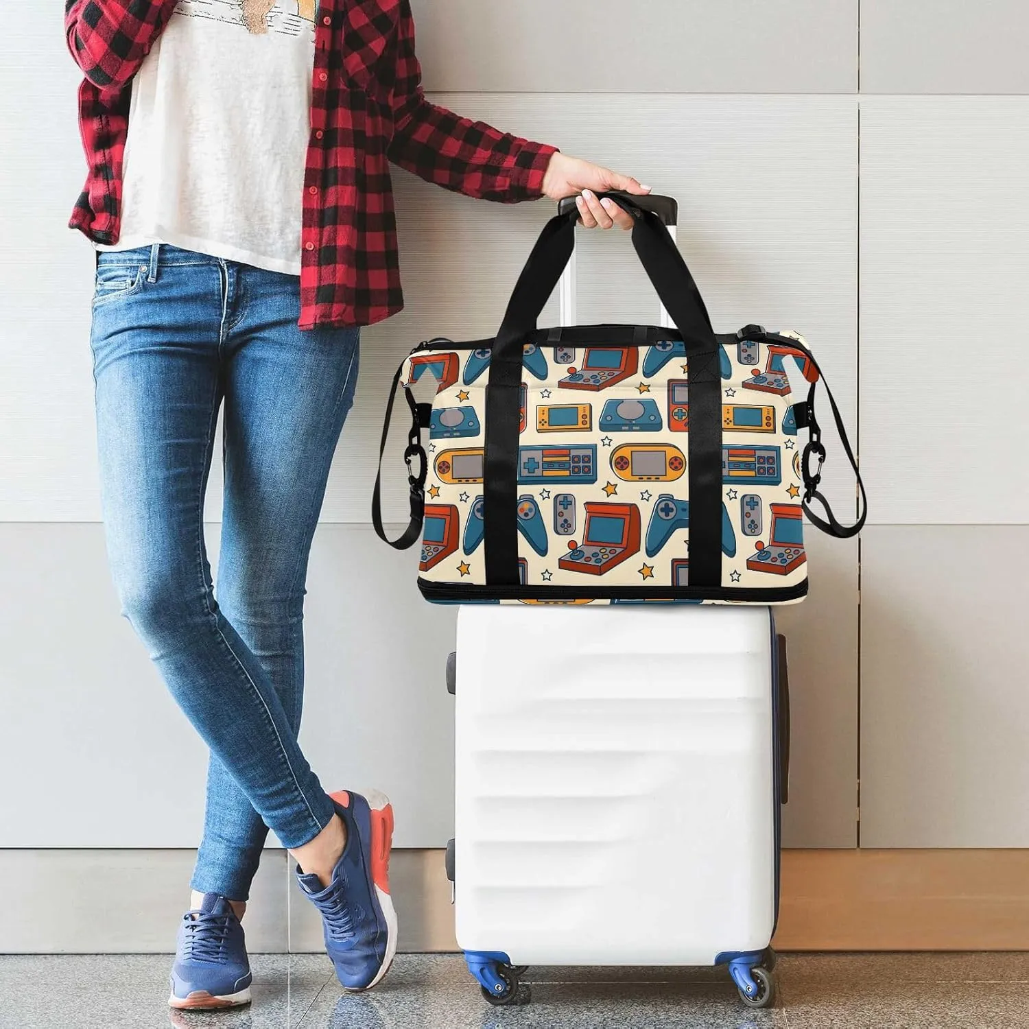 Vintage Retro Video Game under Seat Bag Expandable Weekend Travel Bag with Shoes Compartment