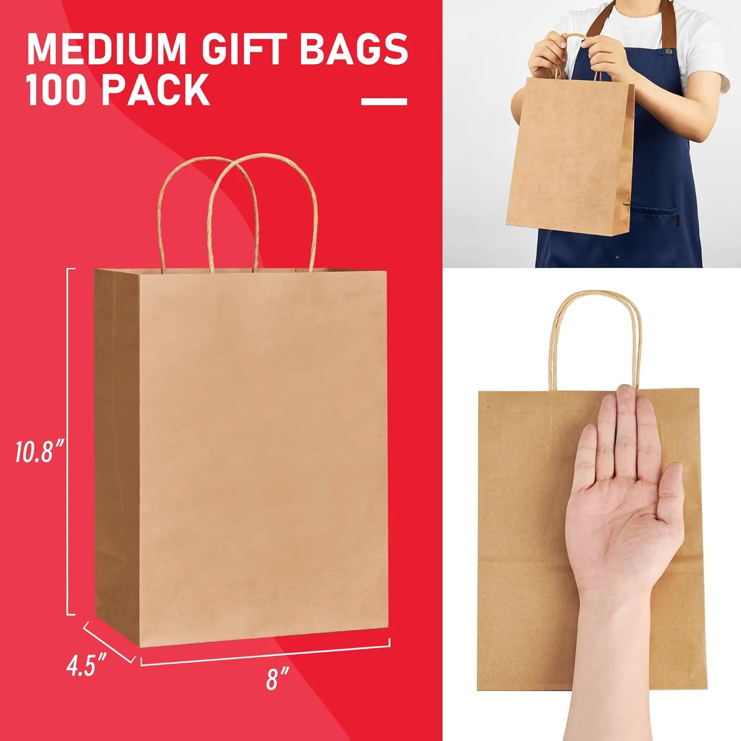 VPACKDUO 100 Pcs Gift Bags 8x4.5x10.8 Brown Kraft Paper Bags with Handles Bulk for Wedding, Party Favors, Grocery, Shopping, Retail Merchandise, Gift Sacks