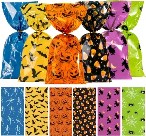Whaline 150Pcs Halloween Cello Bags Cellophane Bags 6 Design with Twist Tie Candy Treat Bags Sweet Bags Pumpkin Spider Bat Bone Gift Bags Orange Party Favors for Halloween Day Table Decor
