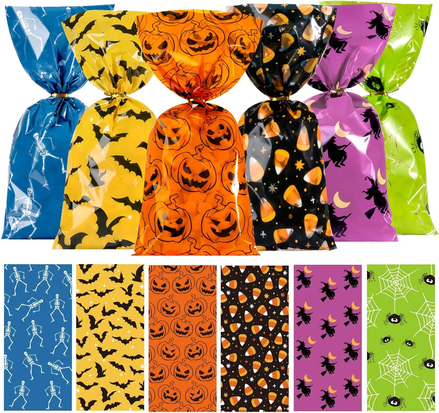 Whaline 150Pcs Halloween Cello Bags Cellophane Bags 6 Design with Twist Tie Candy Treat Bags Sweet Bags Pumpkin Spider Bat Bone Gift Bags Orange Party Favors for Halloween Day Table Decor