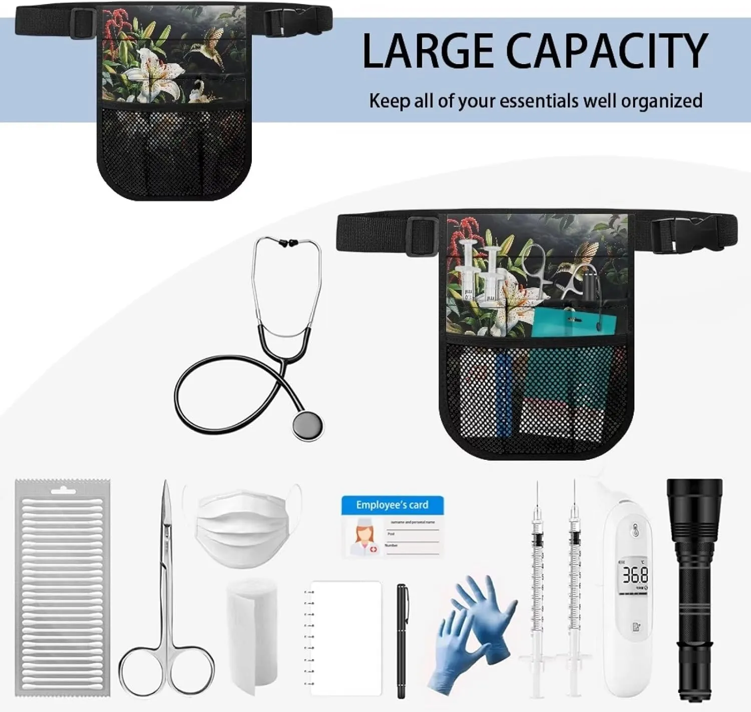 White Floral Nurse Accessories for Work Portable Nurse Badge Accessories Medical Bag Hummingbird Nurse Supplies Medical Fanny Pack Thigh Bag for Nursing School,University,Hospitals, Medium