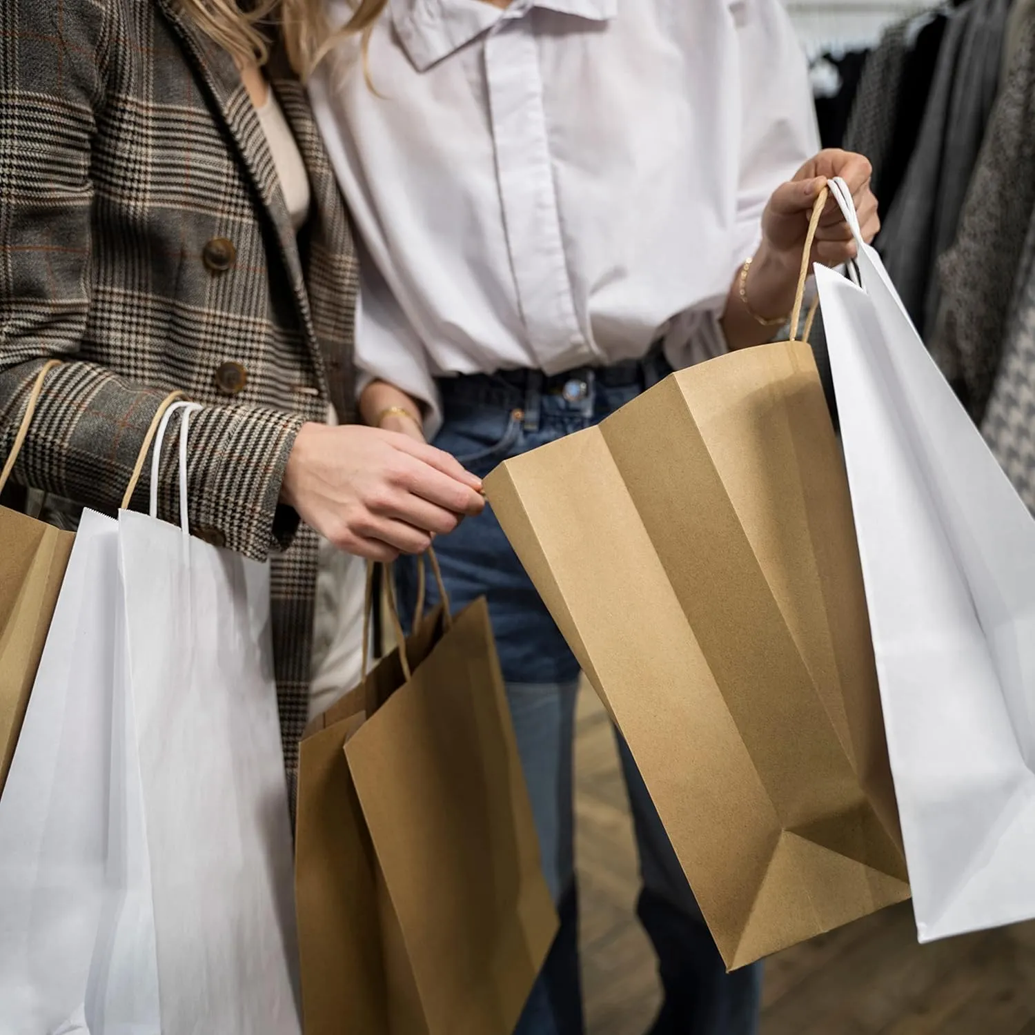 White Kraft Paper Bags with Handles Bulk, 13 x 7 x 17 Inch. Pack of 50 Foldable Shopping Bag, 150 GSM. Kraft Paper Gift Bags with Handles. Gift Gag Bulk for Wedding favors, Valentines Day