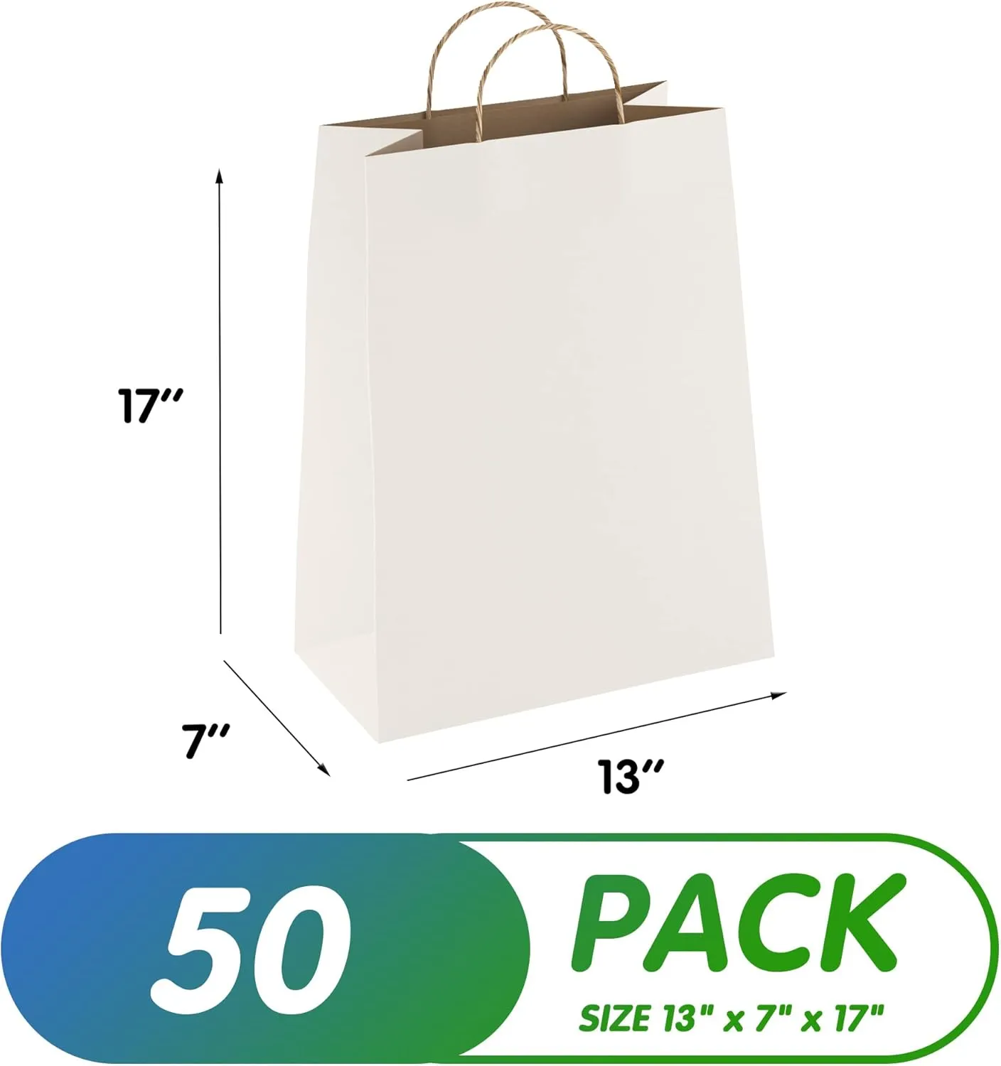 White Kraft Paper Bags with Handles Bulk, 13 x 7 x 17 Inch. Pack of 50 Foldable Shopping Bag, 150 GSM. Kraft Paper Gift Bags with Handles. Gift Gag Bulk for Wedding favors, Valentines Day