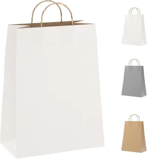 White Kraft Paper Bags with Handles Bulk, 13 x 7 x 17 Inch. Pack of 50 Foldable Shopping Bag, 150 GSM. Kraft Paper Gift Bags with Handles. Gift Gag Bulk for Wedding favors, Valentines Day