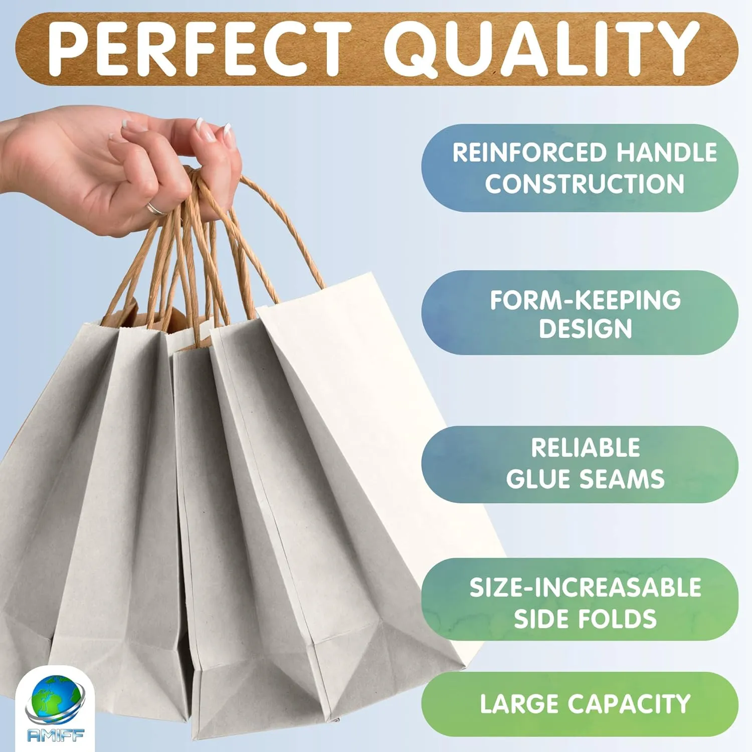 White Kraft Paper Bags with Handles Bulk, 13 x 7 x 17 Inch. Pack of 50 Foldable Shopping Bag, 150 GSM. Kraft Paper Gift Bags with Handles. Gift Gag Bulk for Wedding favors, Valentines Day