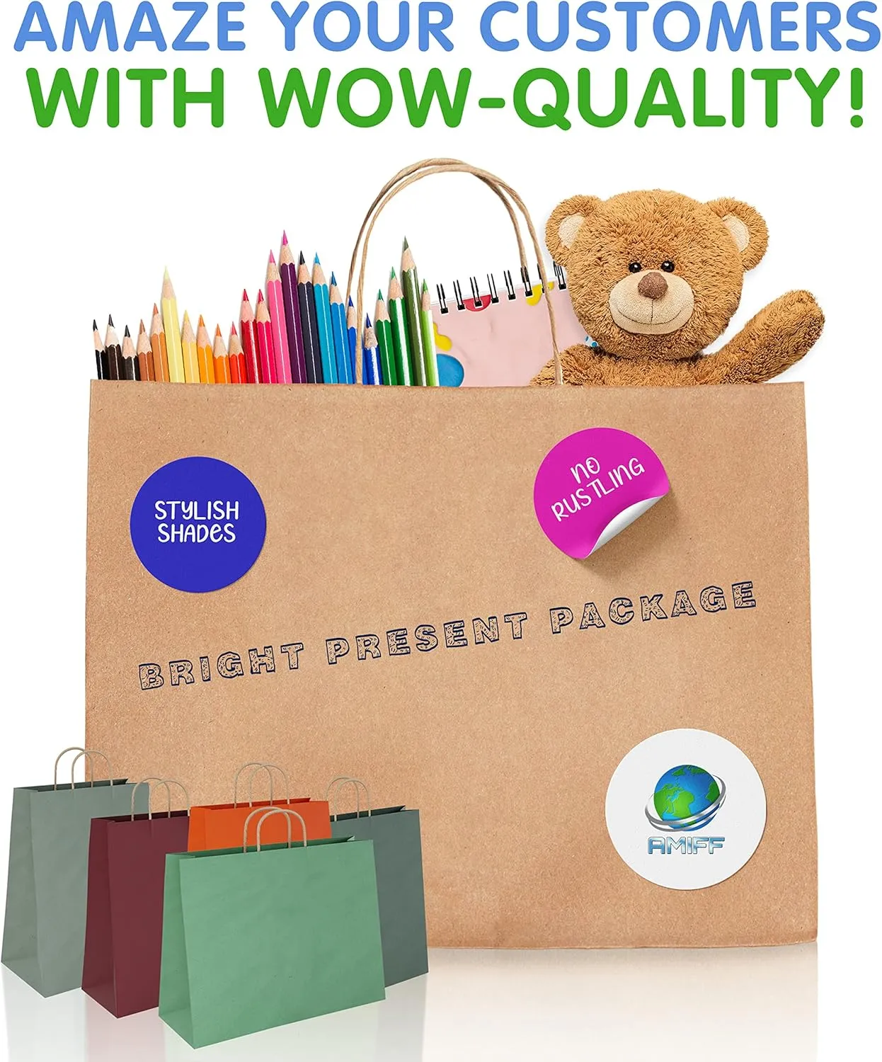 White Kraft Paper Bags with Handles Bulk, 13 x 7 x 17 Inch. Pack of 50 Foldable Shopping Bag, 150 GSM. Kraft Paper Gift Bags with Handles. Gift Gag Bulk for Wedding favors, Valentines Day