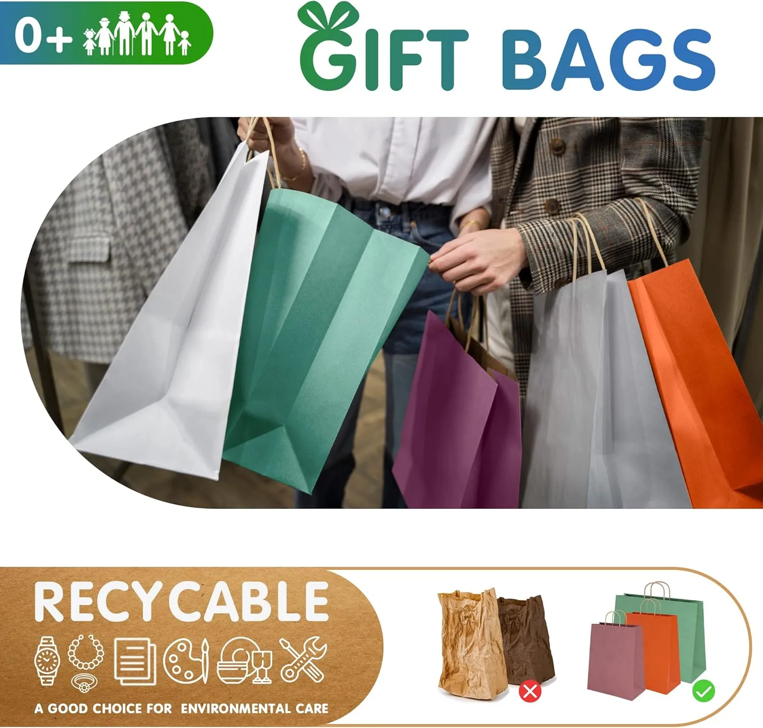 White Kraft Paper Bags with Handles Bulk, 13 x 7 x 17 Inch. Pack of 50 Foldable Shopping Bag, 150 GSM. Kraft Paper Gift Bags with Handles. Gift Gag Bulk for Wedding favors, Valentines Day