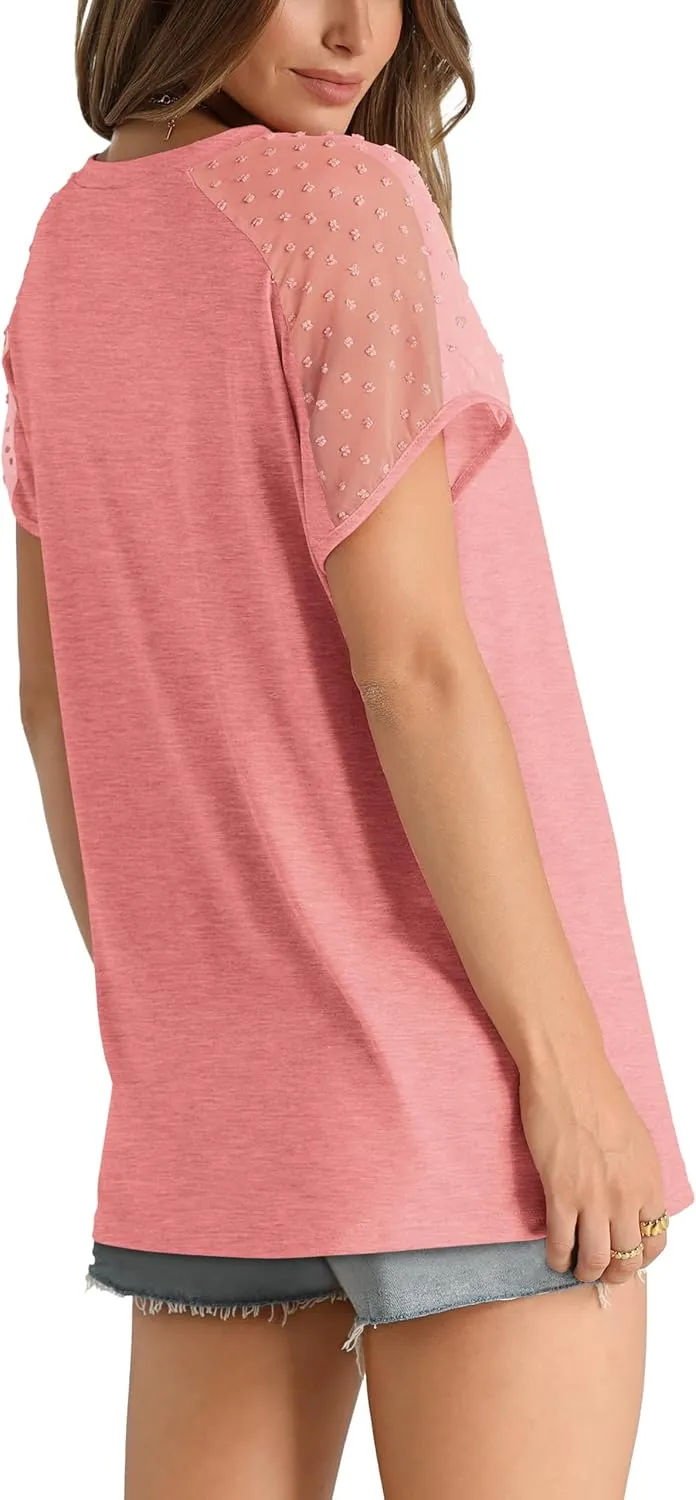 WIHOLL Summer Tops for Women V Neck T-Shirts Swiss Dot Short Sleeve Shirts Casual Fashion Blouses