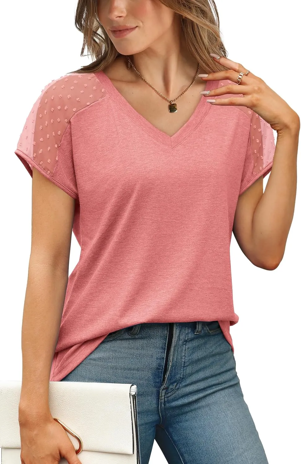 WIHOLL Summer Tops for Women V Neck T-Shirts Swiss Dot Short Sleeve Shirts Casual Fashion Blouses