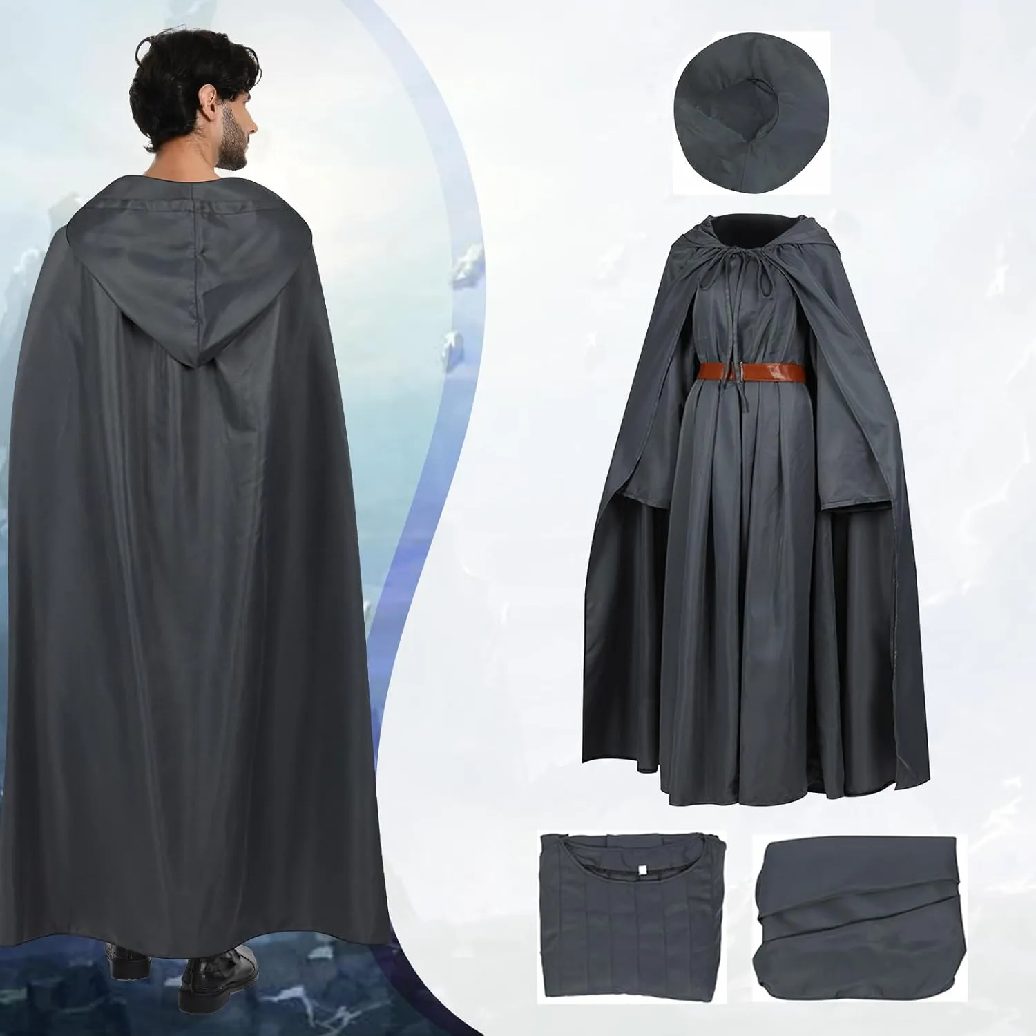 Wizard Costume Adult Witch Cosplay Outfit Robe Hooded Cloak Hat Belt Accessories Cape Prop