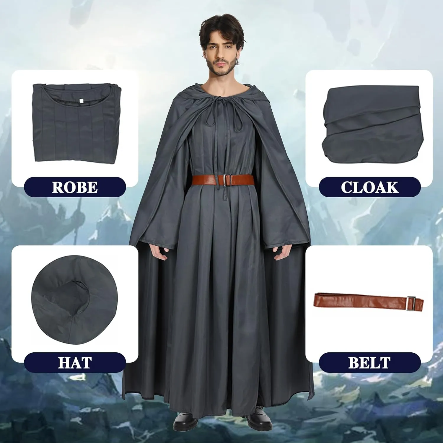 Wizard Costume Adult Witch Cosplay Outfit Robe Hooded Cloak Hat Belt Accessories Cape Prop