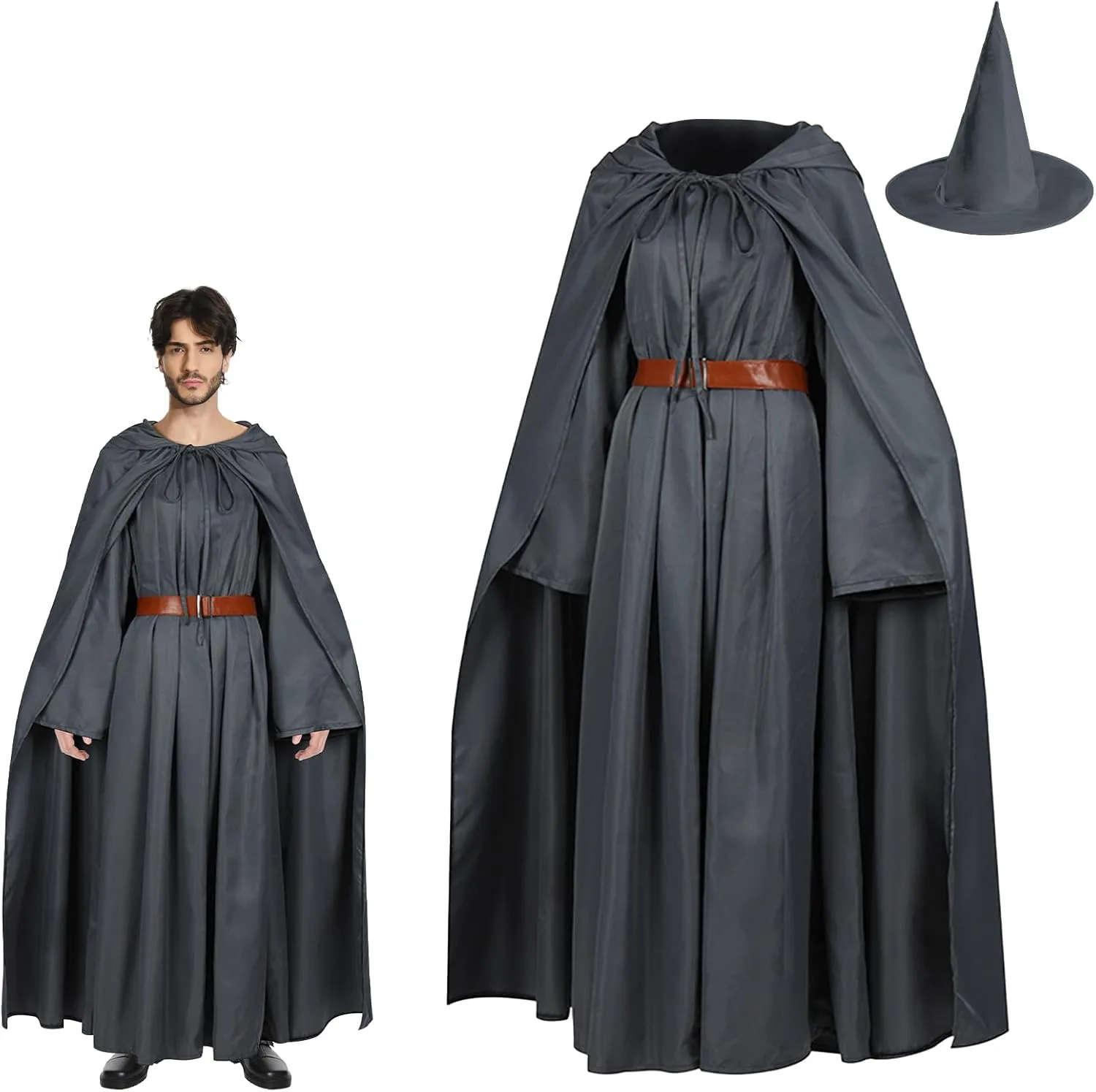 Wizard Costume Adult Witch Cosplay Outfit Robe Hooded Cloak Hat Belt Accessories Cape Prop