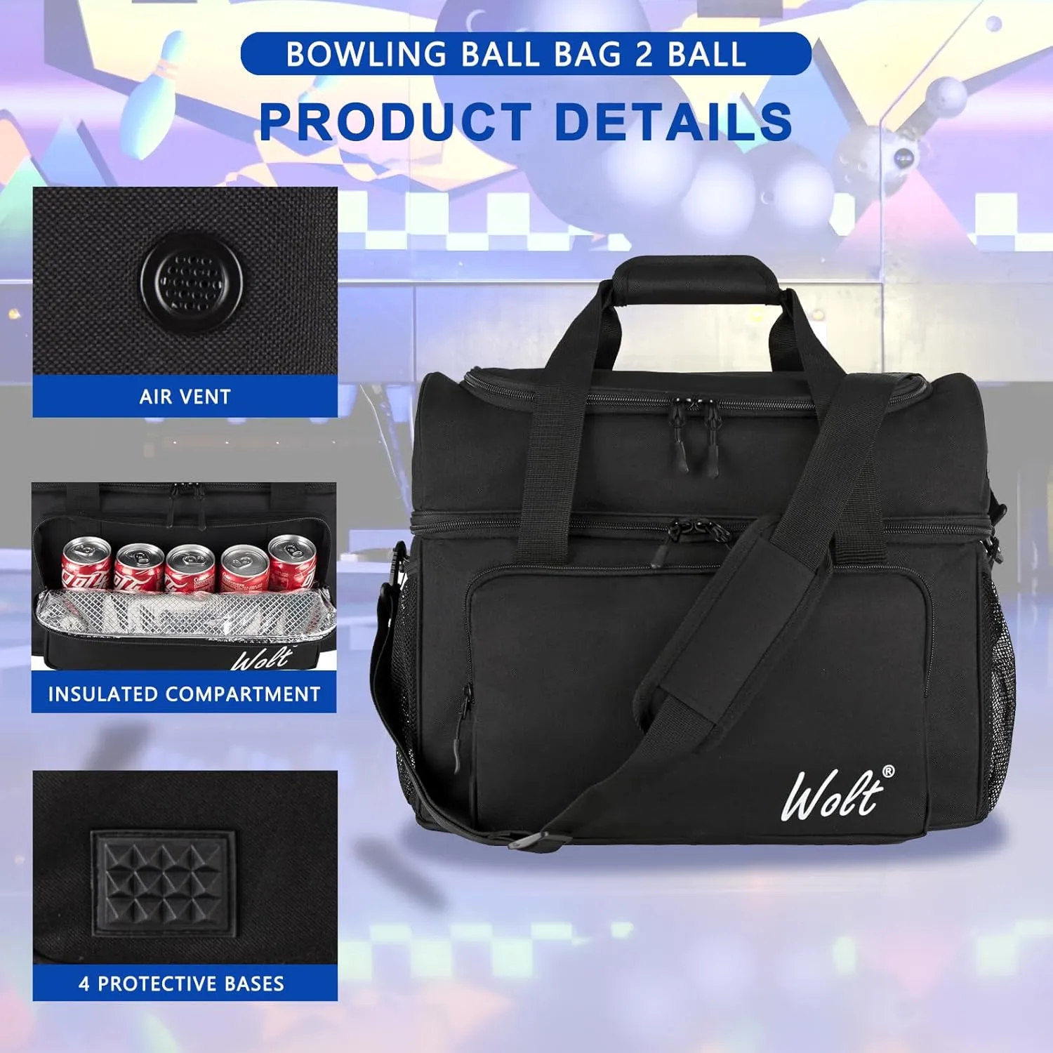 WOLT 2 Ball Bowling Bag with Padded Holder - Fits Shoes Up to Mens Size 16, Bowling Accessories