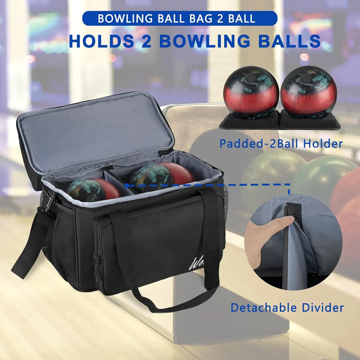 WOLT 2 Ball Bowling Bag with Padded Holder - Fits Shoes Up to Mens Size 16, Bowling Accessories