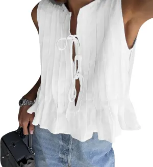 Women Bow Tie Front Vest Coquette Pleated Peplum Linen Tank Tops Y2k Cute Babydoll Tops