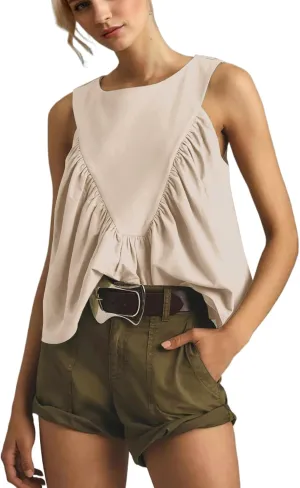 Women Peplum Babydoll Tank Tops Sleeveless Summer Shirred Swing A Line Tops Flowy Crew Neck Ruched Ruffle Shirt