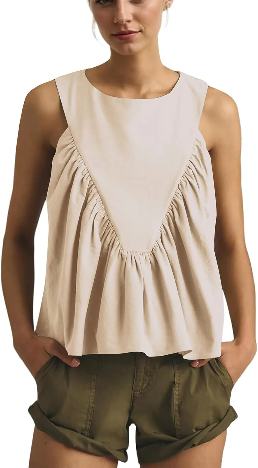 Women Peplum Babydoll Tank Tops Sleeveless Summer Shirred Swing A Line Tops Flowy Crew Neck Ruched Ruffle Shirt