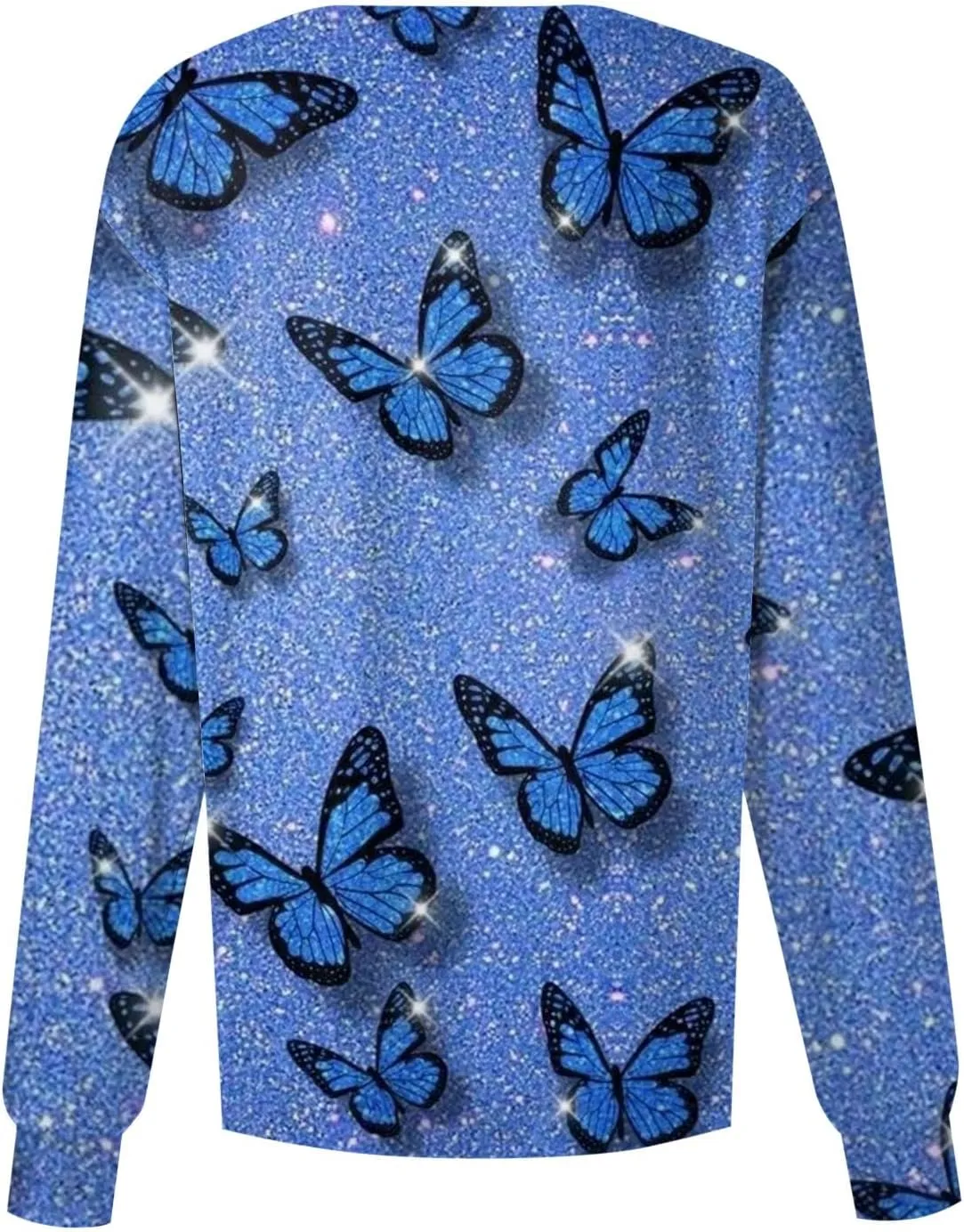 Women Scrubs Jacket Long Sleeve Snap Front Warm Up Medical Scrub Tops Butterfly Print Nurse Working Uniforms