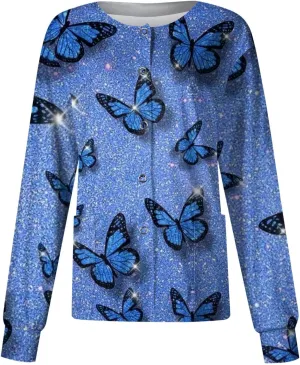 Women Scrubs Jacket Long Sleeve Snap Front Warm Up Medical Scrub Tops Butterfly Print Nurse Working Uniforms